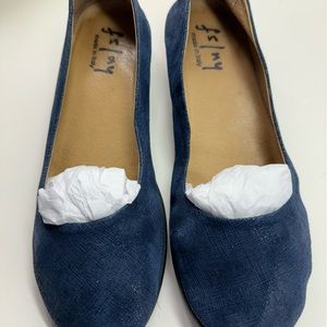 French Sole/NY ballerina flats with slight wedge in blue suede